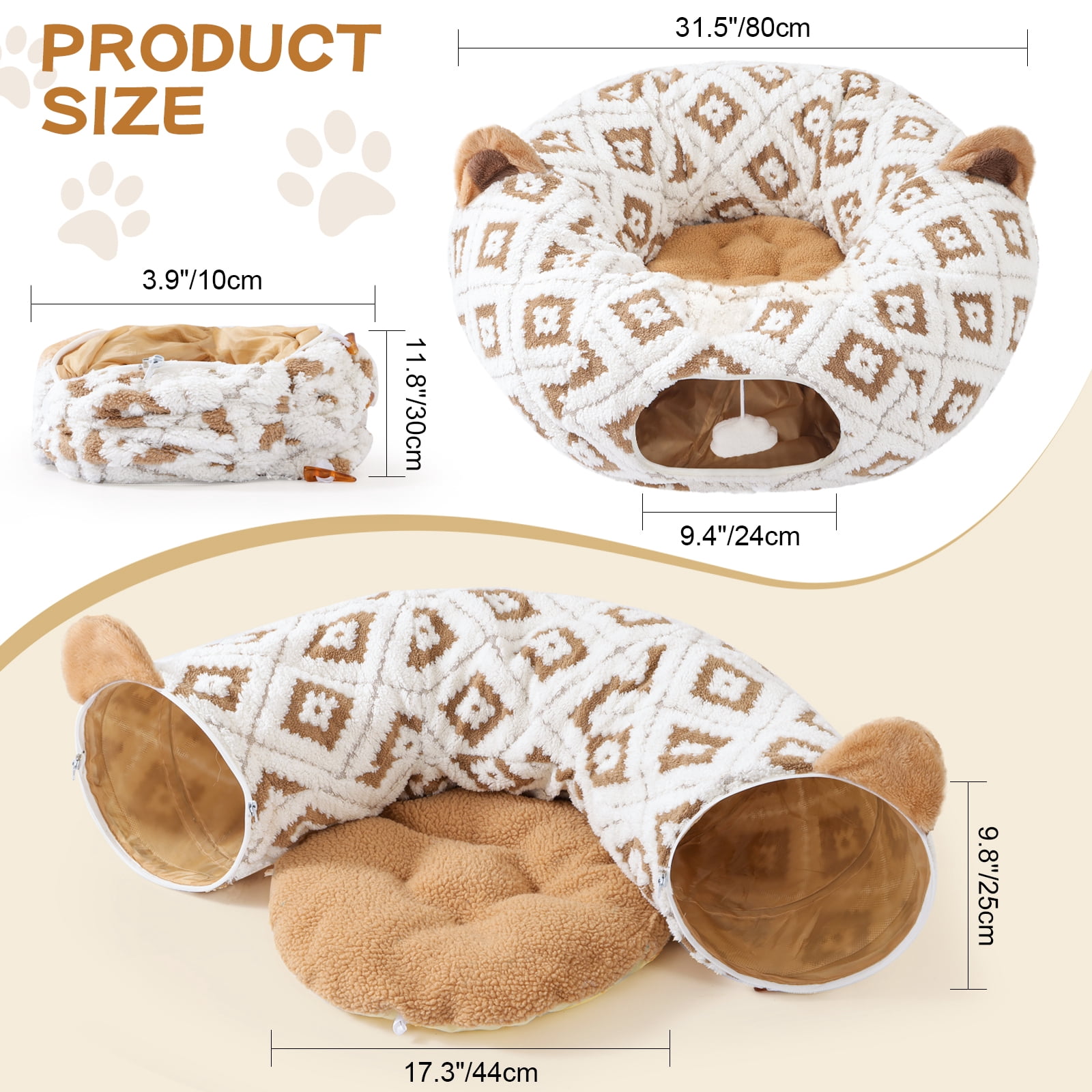 Cat Tunnel Bed for Indoor Cats, Cat Donut Tunnel with Washable Cushion, Peekaboo Cat Cave Toy, Multifunctional Playground Toys for Kittens, Rabbit, Brown Jacquard Pattern