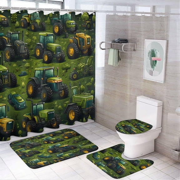 Green Tractors Pattern Shower Curtain Sets 4 Piece with Rugs Include Waterproof Shower Curtain Non-Slip Rug Toilet Lid Cover Bath Mat Cartoon Machinery Truck Bath Curtain