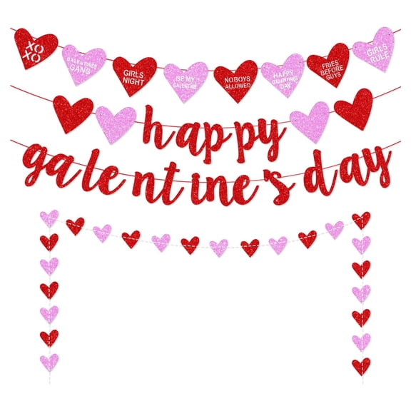 Happy Galentine's Day Banner, Red Glittery Galentine’s Day Decorations with Heart Garland Banner, Ladies Girls Happy Valentine’s Day Party Decorations Photo Prop
