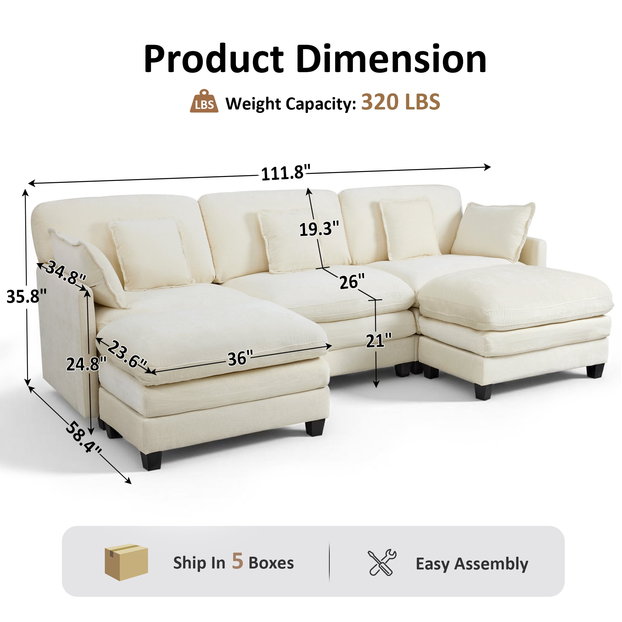 MCombo 111.8''  U-Shaped Modular Sectional Sofa Couch with Chaise Ottomans for Living Room, FSC Certified, Beige