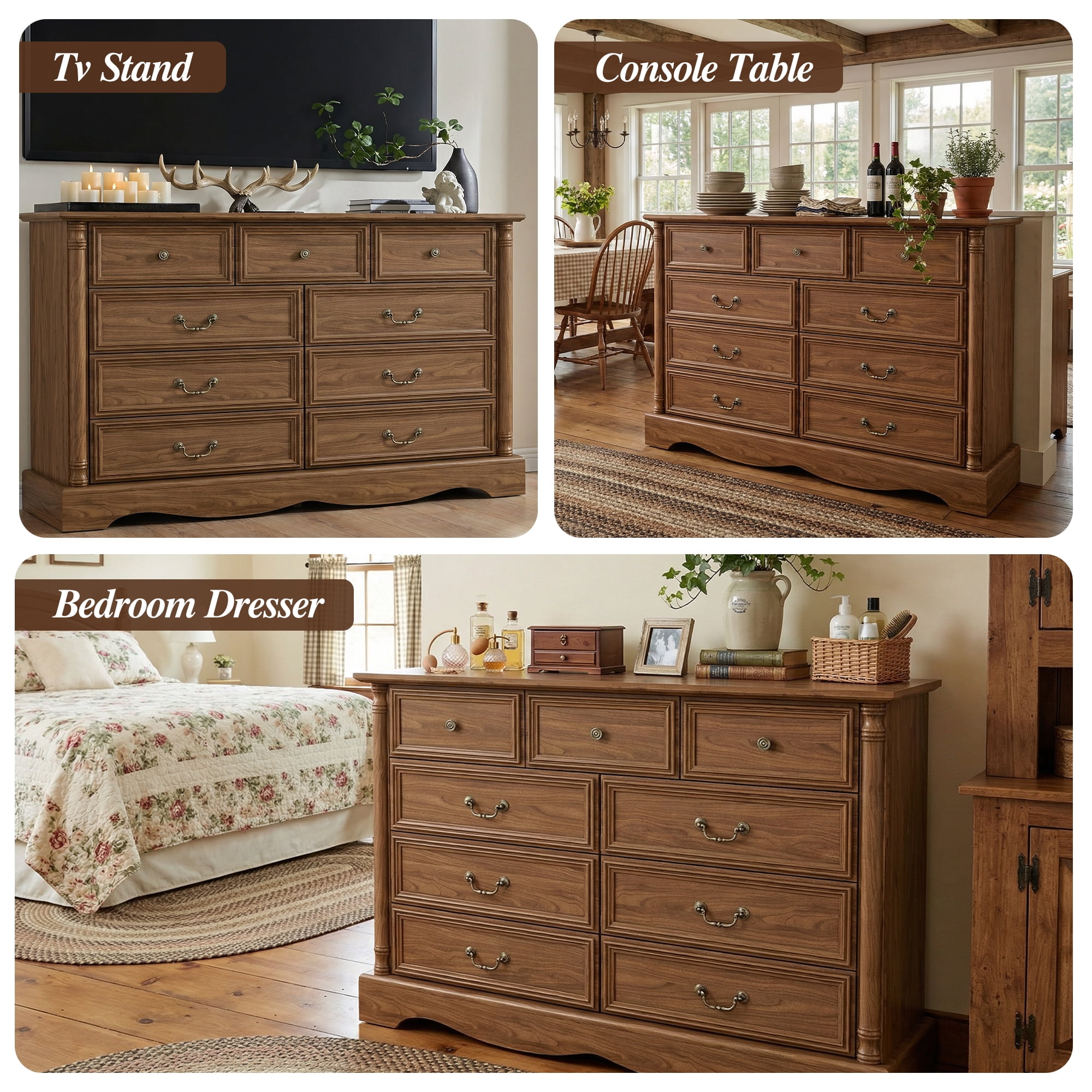 ZBOM 9 Drawer Dresser, 54 Inch Wide Farmhouse Style Chest of Drawers with Charging Station, Distressed Finish Design, Modern Storage Dresser Organizer TV Stand for Bedroom, Living Room，Brown