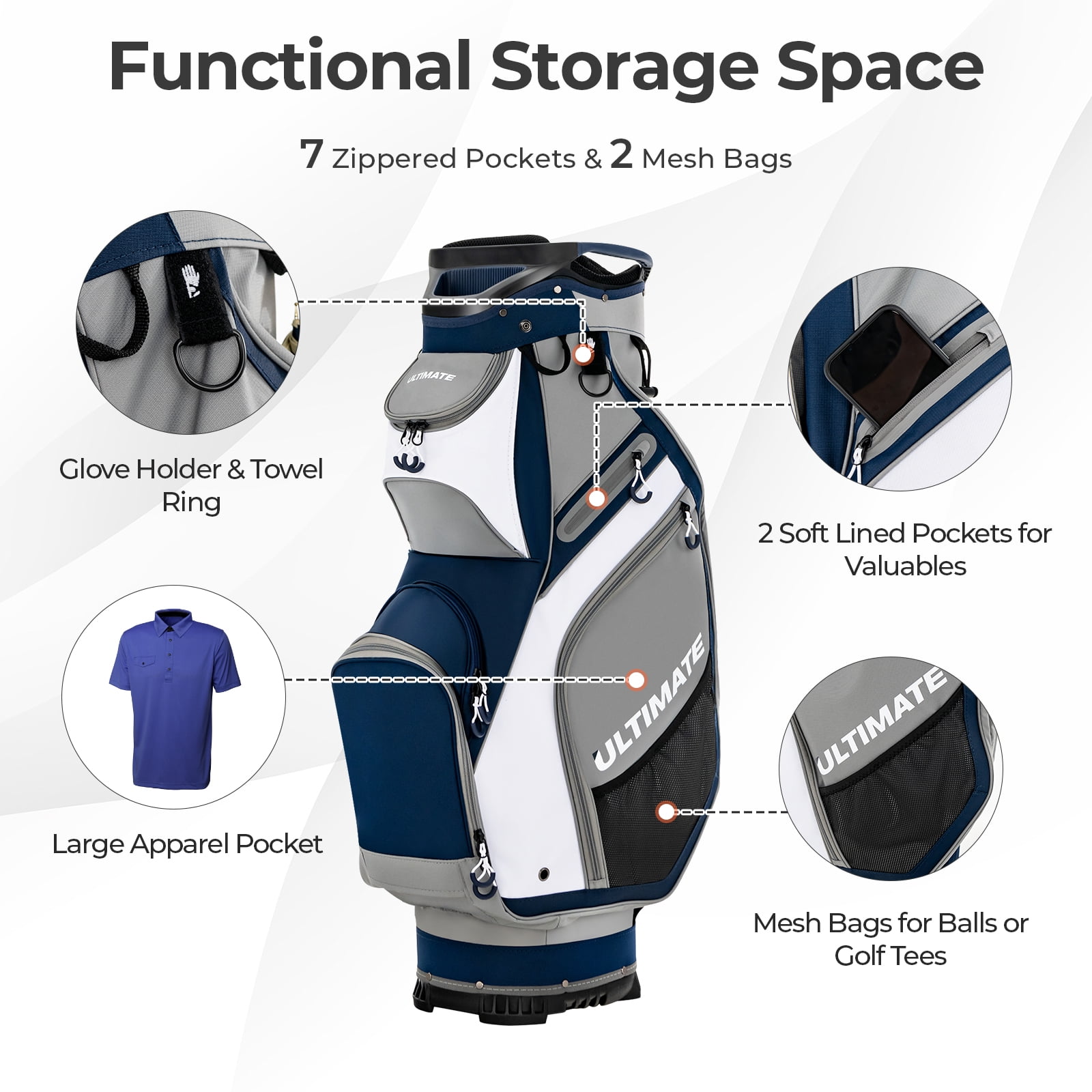 Topbuy Golf Cart Bag Top Golf Clubs Organizer with Pockets Including Waterproof Valuable Pockets Rain Hood and Shoulder Strap Navy + Gray