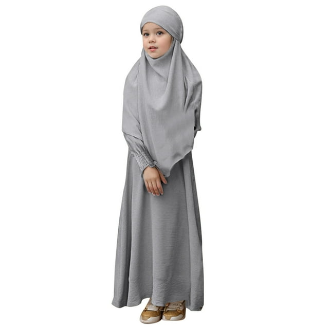 Wdgfv Robe de Prière pour Fille Musulmane Ramadan Vêtement Abaya Dubaï Islam Jilbeb Longue Robe Gris Pâle 3-4 Ans