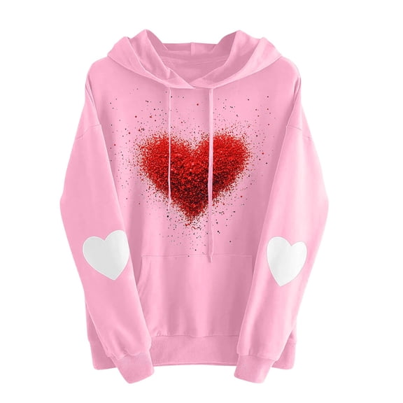TKLPEHG Womens Hoodies Valentines Day Sweatshirt Heart Printed Hooded Sweatshirt Long Sleeve Hoodies Comfy Pullover with Pocket (Pink,S)