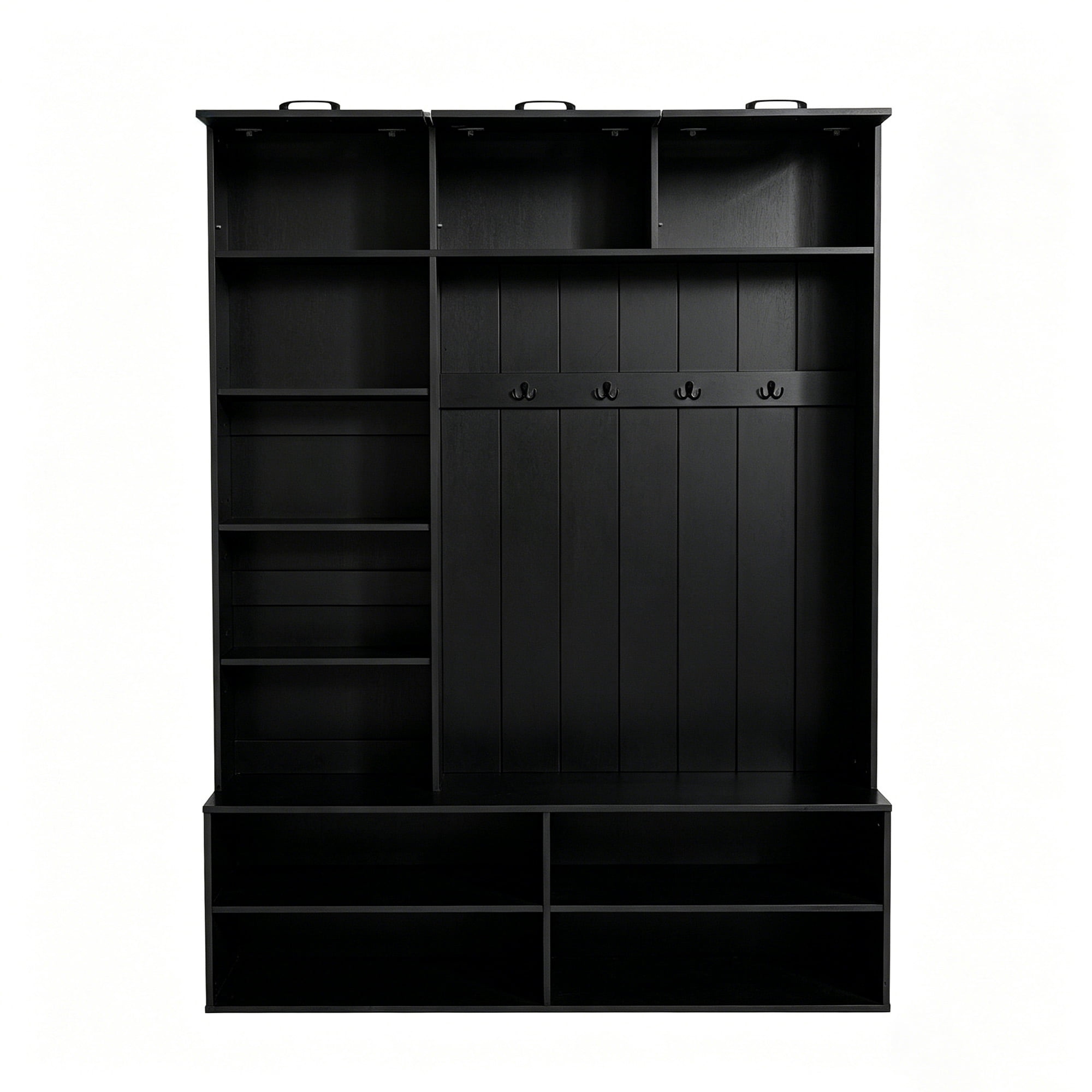 Leumius Hall Tree with Bench and Shoe Storage,76.9''H 5-in-1 Farmhouse Entryway Bench with Coat Racks,Tall Entryway Storage Organizer Cabinet with 4 Hooks for Hallway, Entryway, Living Room,Black