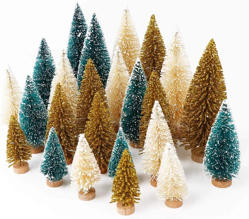 24x Small Christmas Tree Fake Pine Tree Mini Sisal Bottle Brush Snow Frost Trees 