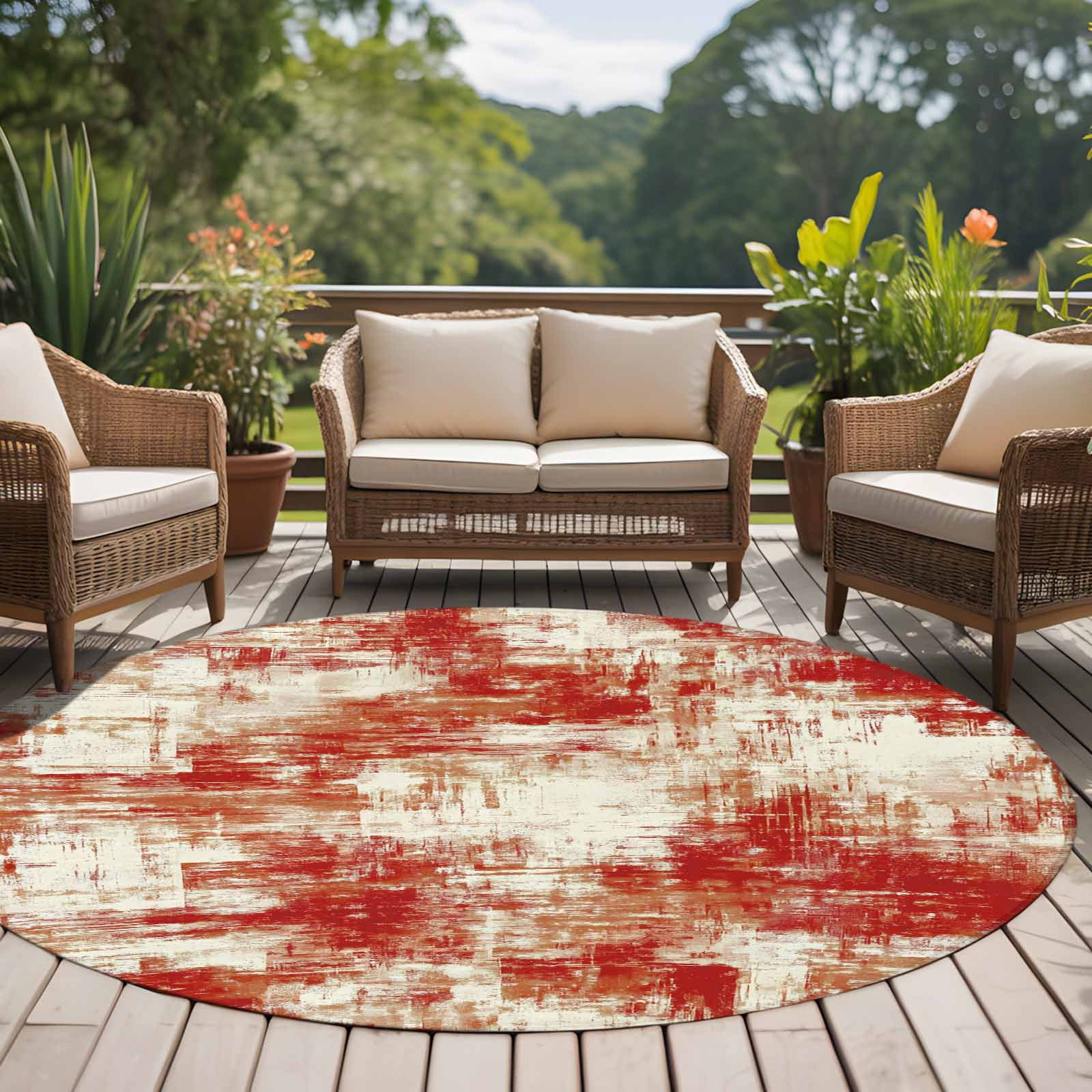 Round Area Rug 8 Ft, Red Ombre Washable Non-Slip Circle Carpet for Living Room/Bedroom, Gradient Abstract Art Vintage Collection Low-Profile Large Area Rugs for Indoor