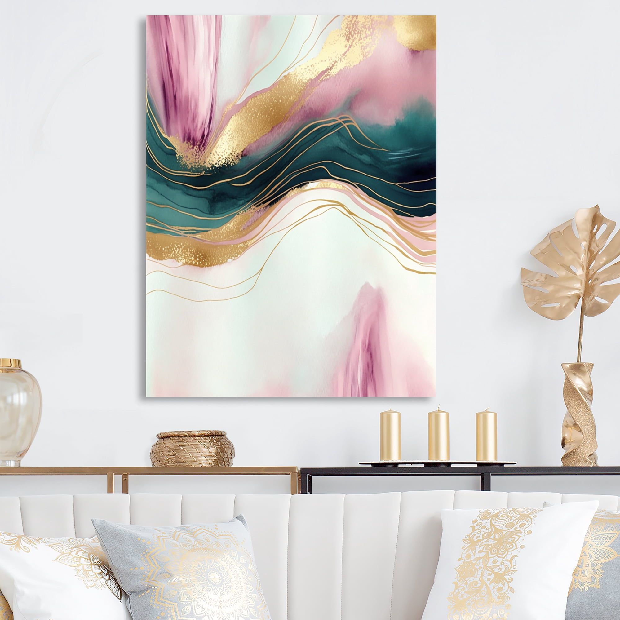 Designart Abstract Geode Pink And Green Marble III Canvas Wall Art