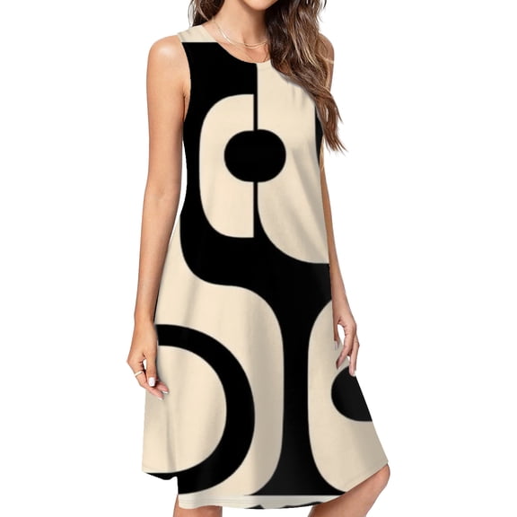 Abstract Black Beige Artwork Dress Loose Women'S Dress Beach Dresses With Pockets Dresses For Womens