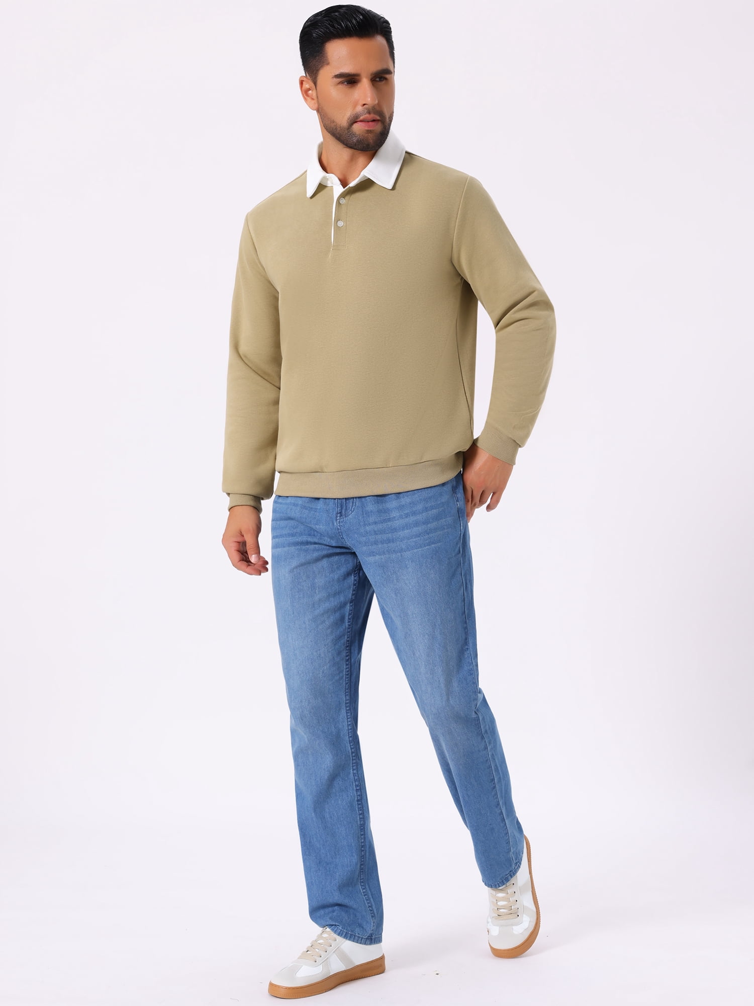DARING DIVA Men's Contrast Collared Long Sleeves Pullover Polo Sweatshirt XL Khaki