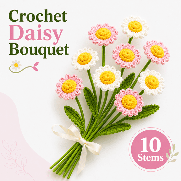 MORAVE 10Pcs Handmade Crochet Daisy Bouquet, 12.2 Inch Pink White Knitted Artificial Flowers for Home Party Decor