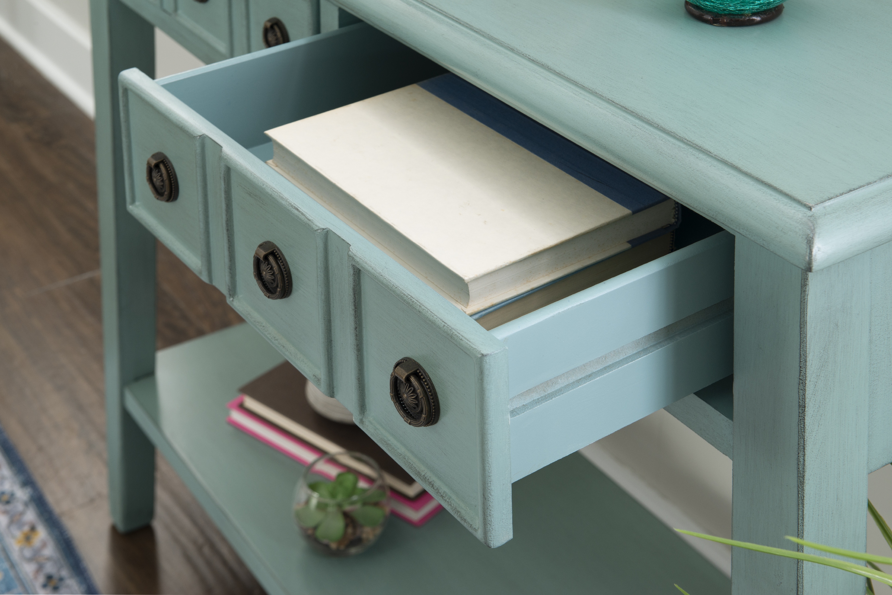 Sadie Farmhouse 2-Drawer Short Console Table with Shelf, Teal - image 5 of 14