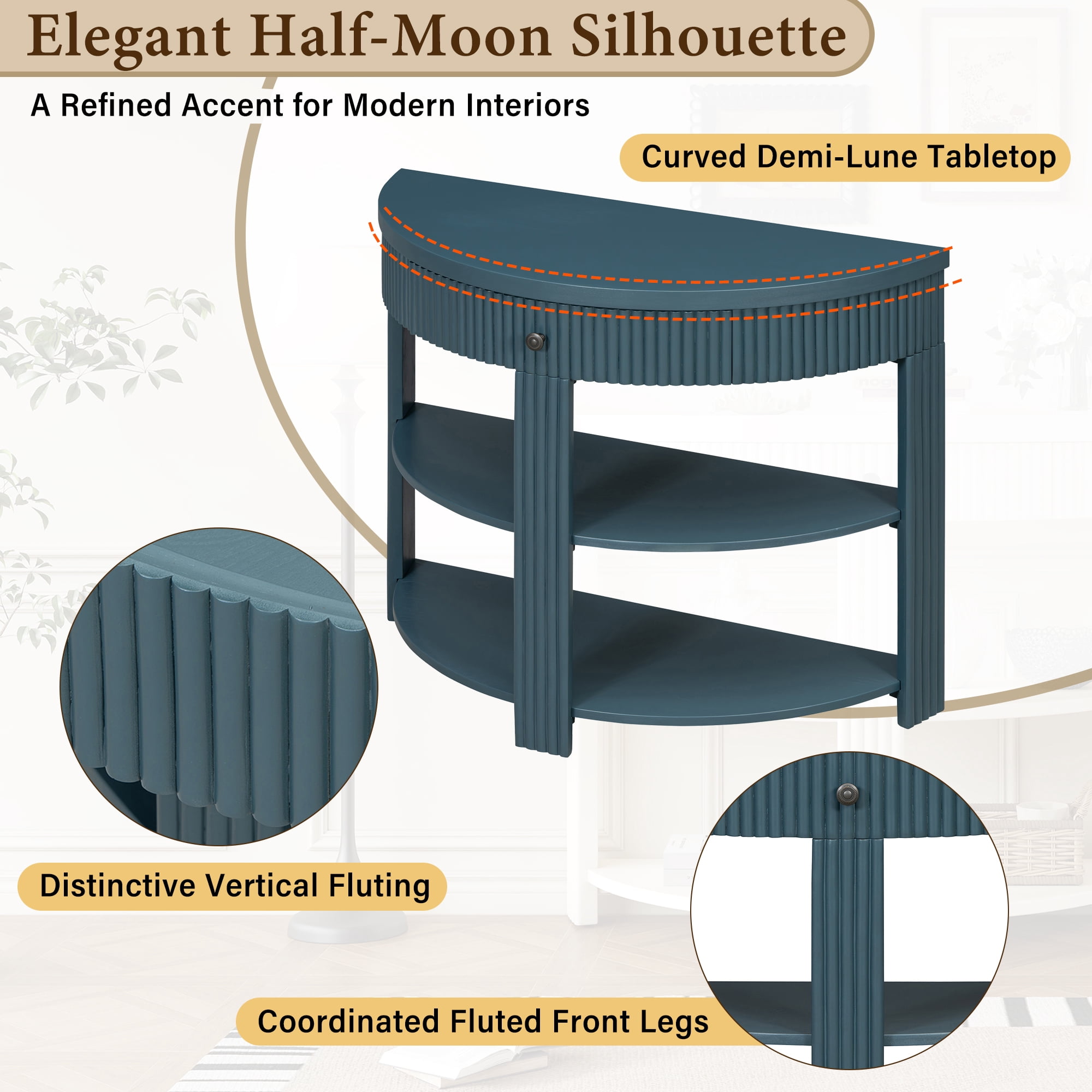 Euroco 3-Tier Half Moon Console Table with 1-Drawer, Fluted Entryway Table with Open Storage Shelves for Living Room, Hallway, Foyer,Navy