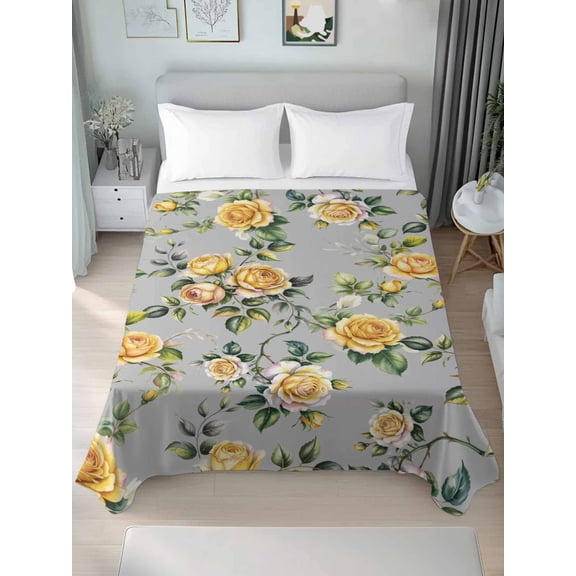 Yellow Rose Twim Size Flat Sheet, Wrinkleproof & Fadeproof Cooling Flat Bed Sheet Only, Vintage Country Botanical Floral Vines Breathable Soft Bedding Top Sheets 66 x 96 Inches