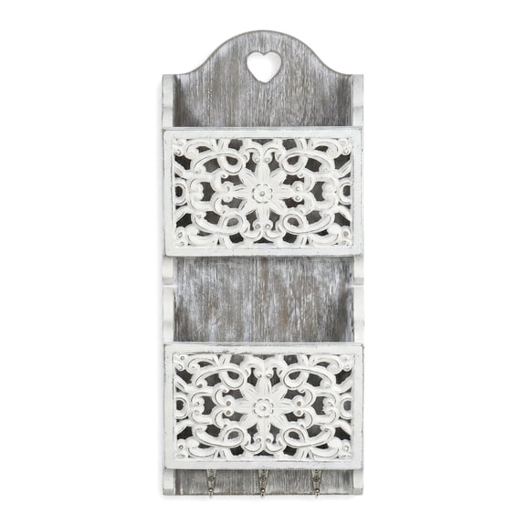 Mail Organizer Wall Mounted, Key and Mail Holder, 2-Slot with 3 Hooks, Rustic Wood Farmhouse White