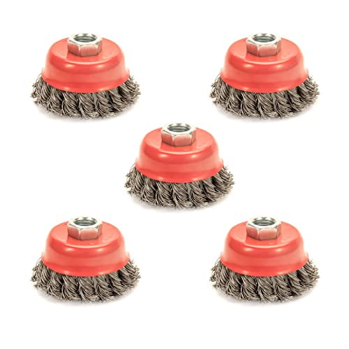 5 Pack Knotted Wire Cup Brush for Angle Grinders with 5/8 Inch | 11 UNC Threaded Arbor- 0.02 Inch Carbon Steel Wire for Rust,Corrosion,Paint Removal and Other Heavy-Duty Conditioning for Metals