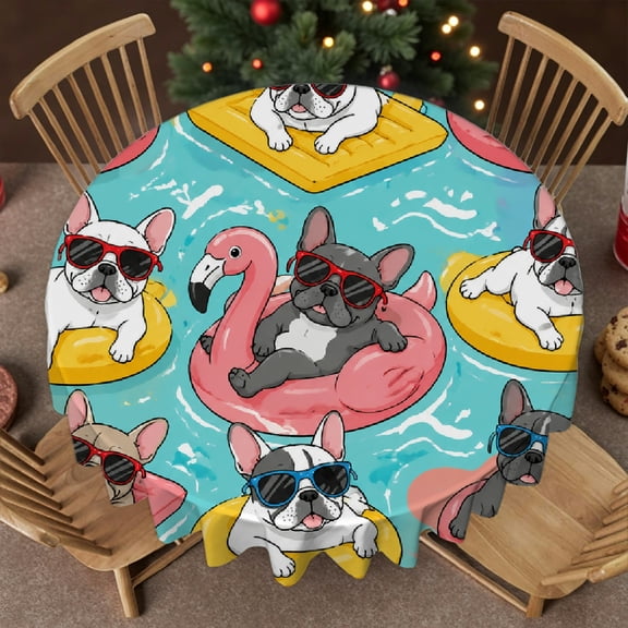 RKSupls 60 Inch  French Bulldogs Pool Party Print Round Tablecloth, 2D Flat Printing  Holiday-Themed Design, French Bulldogs Pool Party