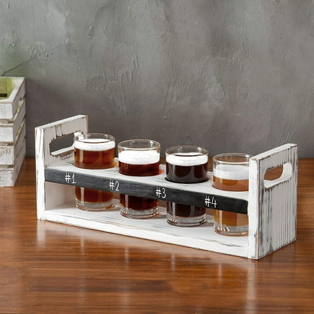 

MyGift Rustic White Wood Beer Flight Tasting Serving Set with 4 Glasses