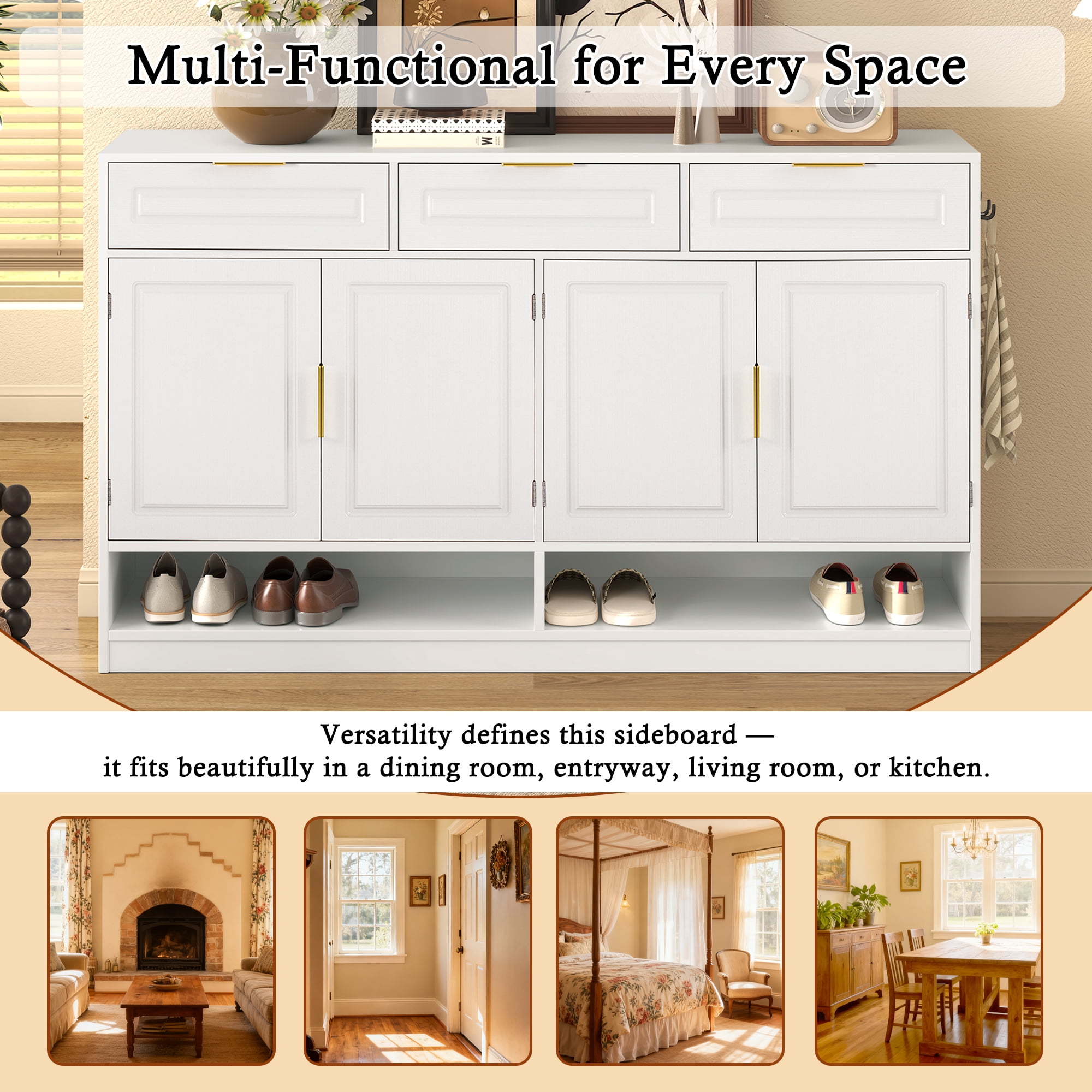 Aukfa 59.1" Sideboard Buffet Cabinet,Large Storage Cabinet with 3 Drawers & Adjustable Shelf,White