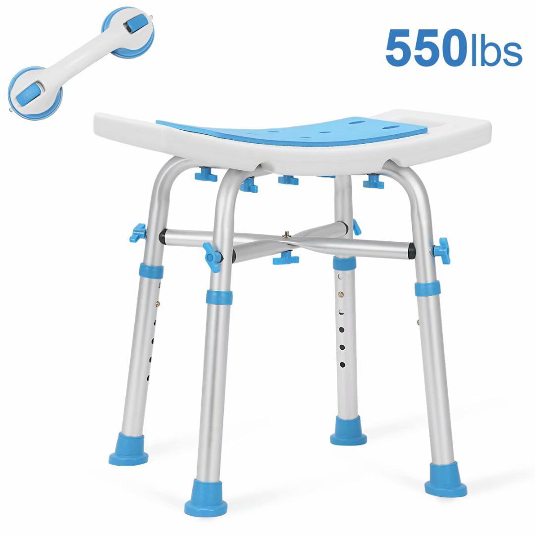 WENTAO Foldable Shower/Bath Seat Stools Aluminum Alloy Disability Aid Adjustable in 3 Height with Backrest Max User.136kg Blue 1PCS 