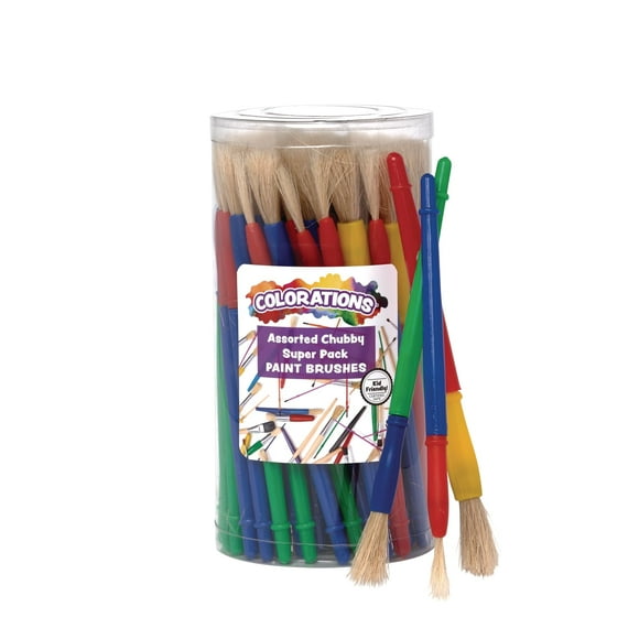 Colorations® Assorted Chubby Brush Super Pack, Set of 60, 3 different sizes, Plastic Paint brushes with Natural Bristles, Paint Brushes for Kids, Kids Paint Brushes, P