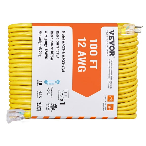 100FT Heavy Duty Extension Cord 12AWG 15A 1875W 3 Prong Indoor Outdoor Electric Cord with Lighted End Flexible -40C Cold Resistant for Lawn Garage Home Use ETL Listed