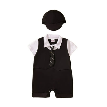 

Genuiskids Newborn Baby Boy Gentleman Romper Patchwork Short Sleeve Tuxedo Jumpsuit One Piece Clothes with Hat Bowtie or Necktie