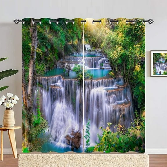 Waterfall Blackout Curtains Nature Landscape Theme Window Panels With Forest Jungle Waterfall River Scenery Scene Print Grommet Curtain Drapes For Bedroom Living Room 26"W x 54"L (Pack of 2)