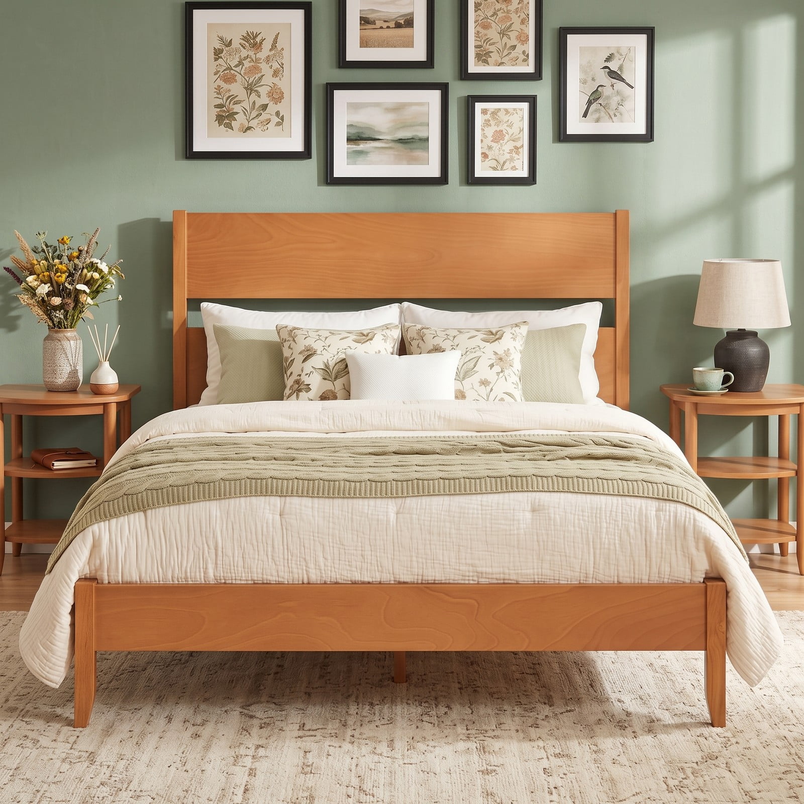 Furnibear Full Size Bed Frame Wood Platform Bed with Panel Headboard, Solid Wood Legs and 12 Slats for Bedroom, Warm Brown