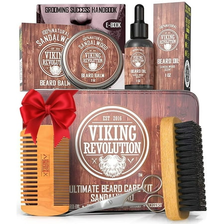 Viking Revolution Ultimate Grooming Kit for Men - Boar Brush, Wood Comb, Sandalwood Balm & Oil, Scissors for Beard & Mustache