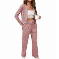 thumbnail image 1 of 2 unidades mujeres waffle Lounge traje color puro manga larga ronda Masajeadores de cuello abrigo alta cintura recta Pantalones suelta casual para el hogar, 1 of 7