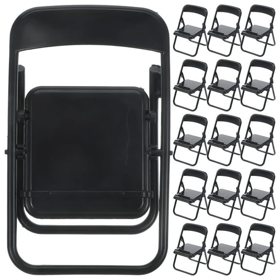 20pcs Mini Black Plastic Folding Chairs for Dollhouse Decor Small Furniture Accessories Set