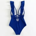 thumbnail image 4 of Women's Ruffled One Piece Swimsuit Solid Color Ribbed Bathing Suit Deep V Neck Lace up Summer Beach Swimwear (XL, Blue), 4 of 5