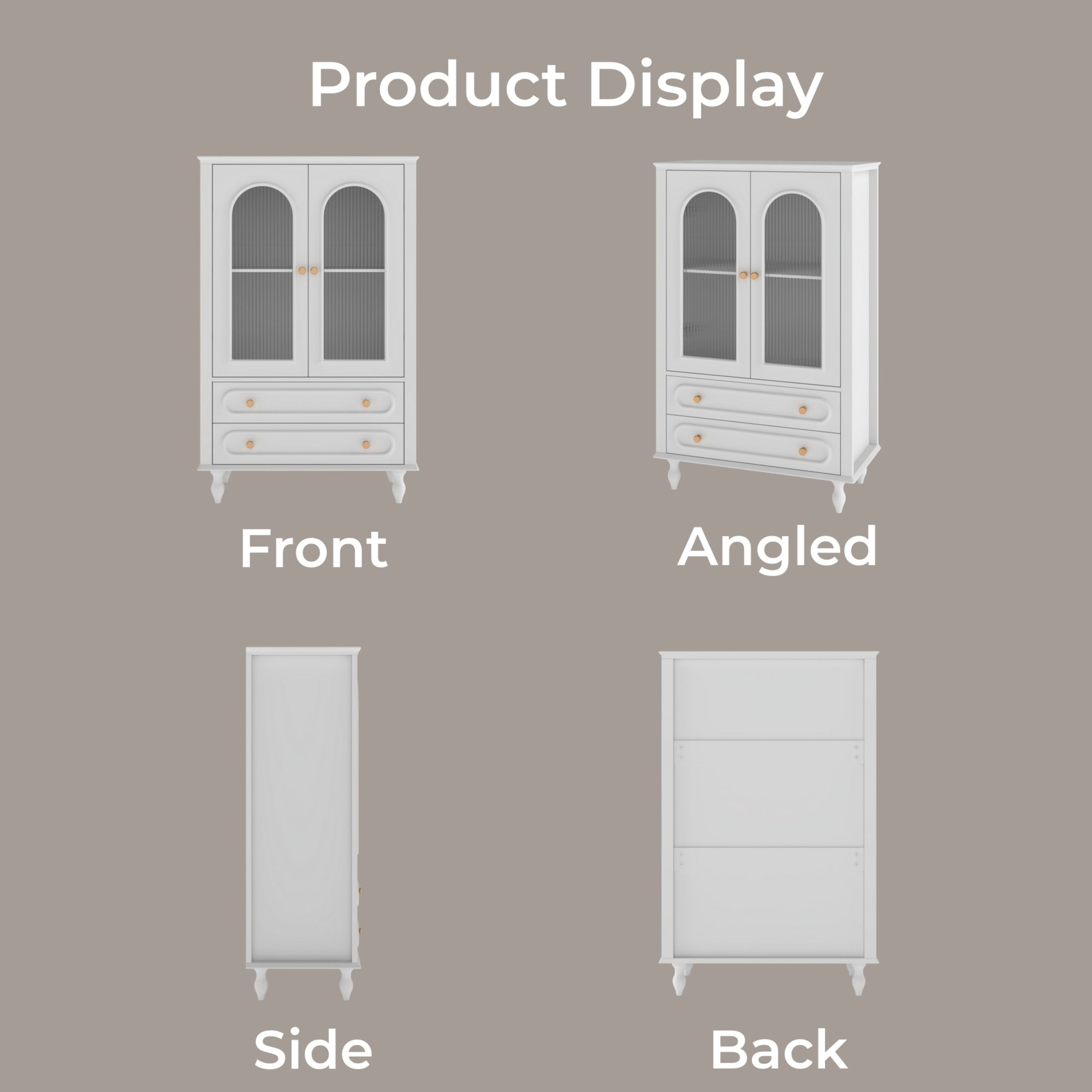Noble House 46.5" Wooden Glass Display Cabinet with Ribbed Glass Doors, Adjustable Shelf & Storage Drawers, White