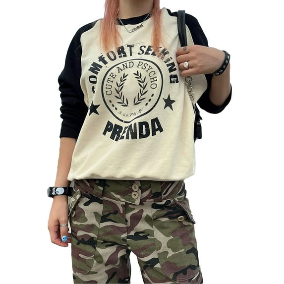 Seyurigaoka Women Juniors Wild Sweatshirts Letter Print Contrast Color Round Neck Long Sleeve Hoodies Autumn Winter Casual Tops