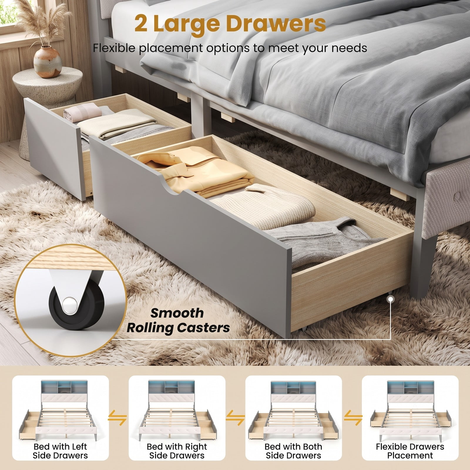 Furnibear Full Size Bed Frame with Bookcase Storage Headboard, LED Lights, Upholstered Platform Bed with 2 Drawers, Gray