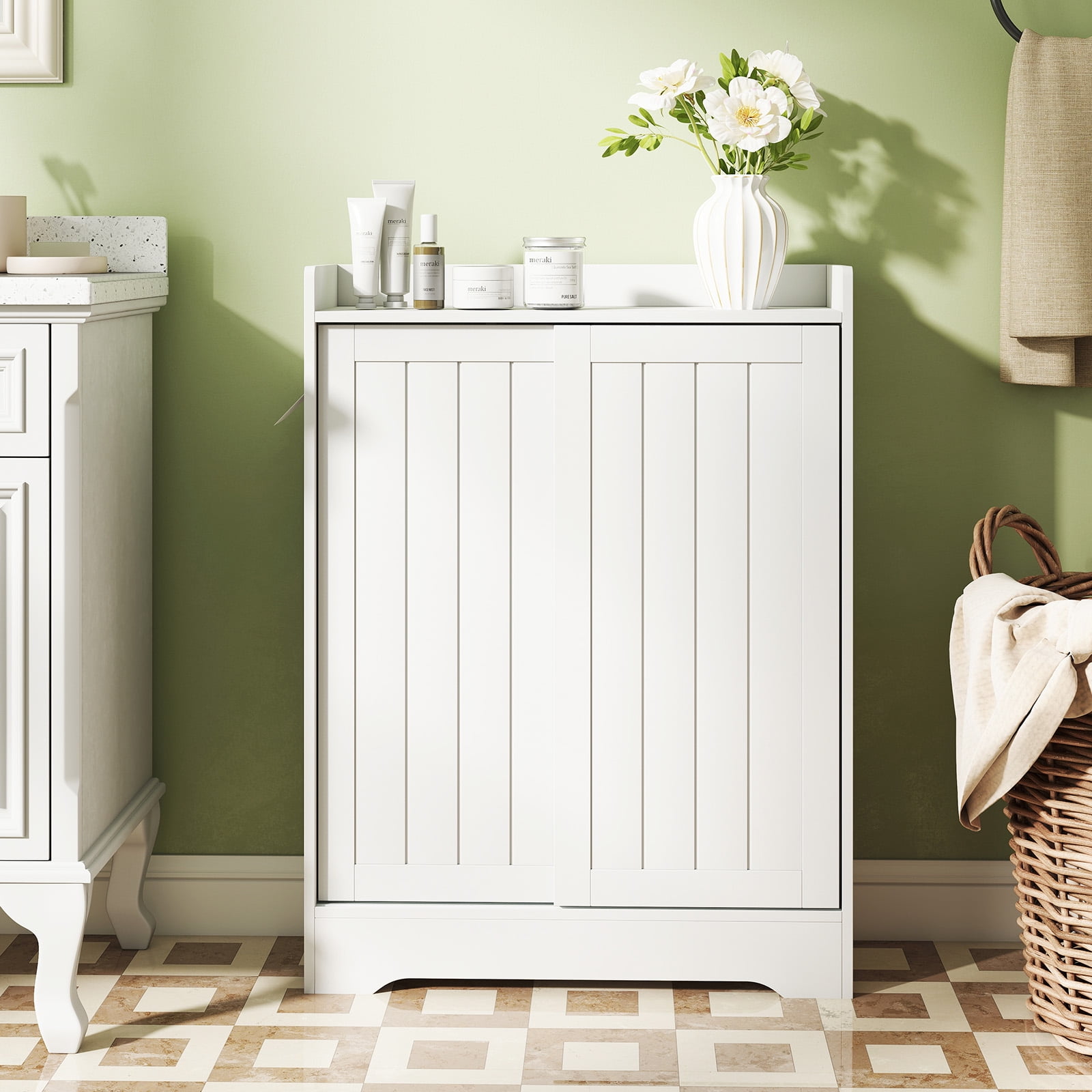 Gymax Bathroom Floor Cabinet w/2 Sliding Doors & Adjustable Shelves for Small Spaces