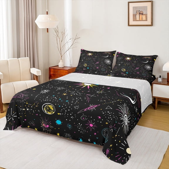 Erosebridal Astrology Constellations Queen Sheets Star Nebula Bed Set, Mysterious Universe Celestial Bed Sheets Set Boho Sun Moon Sheet Set Psychedelic Galaxy Bedding Set