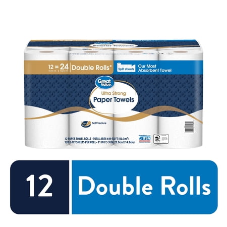 (6 pack) Great Value Ultra Strong Paper Towels, Split Sheets, 12 Double Rolls