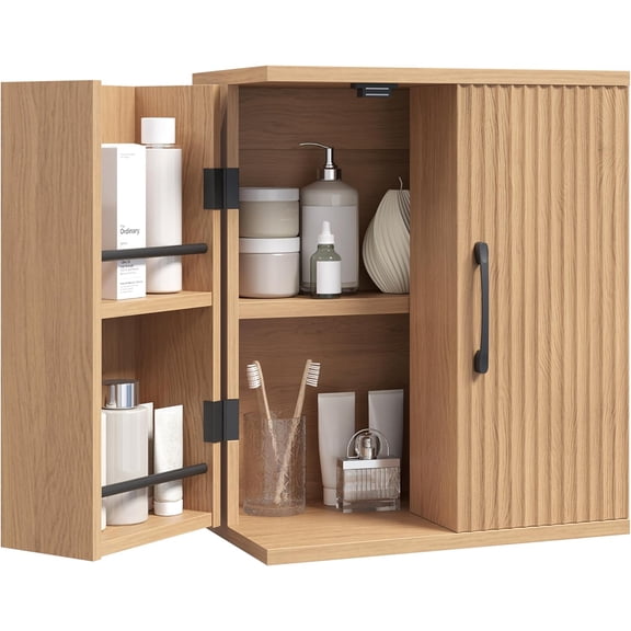 Bathroom Wall Cabinet with 2 Doors – Fluted Wall Mounted Storage Cabinet for Bathroom, Kitchen, Laundry Room, Natural