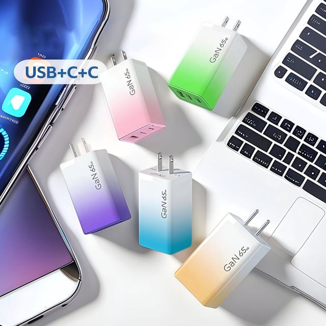 Cagogo under $5 5Pcs 65W Gradient Charger QC3.0, 65W Gradient Charger QC3.0, LED Multi Port Fast Charging Head, GaN Tech Phone Laptop Charger, US Plug Standard Fast Charger, Wall Plug Power Adapter