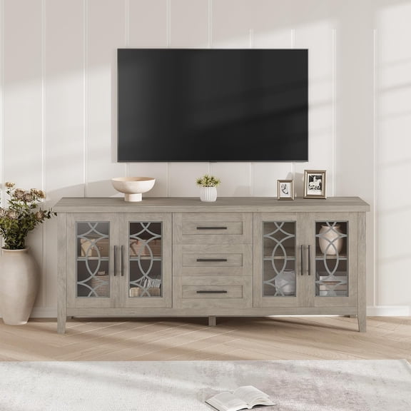 Farmhouse TV Stand with Glass Door for 70 Inch Tv, Mid Century Modern Entertainment Center for Living Room, Rustic Television Stands 2 Storage Door & 3 Drawer for Bedroom (Classic Gray)