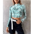 thumbnail image 2 of Seyurigaoka Women Dragon Pattern Print Crop T-shirts Tops Long Sleeve Backless Sexey Tee Top, 2 of 5