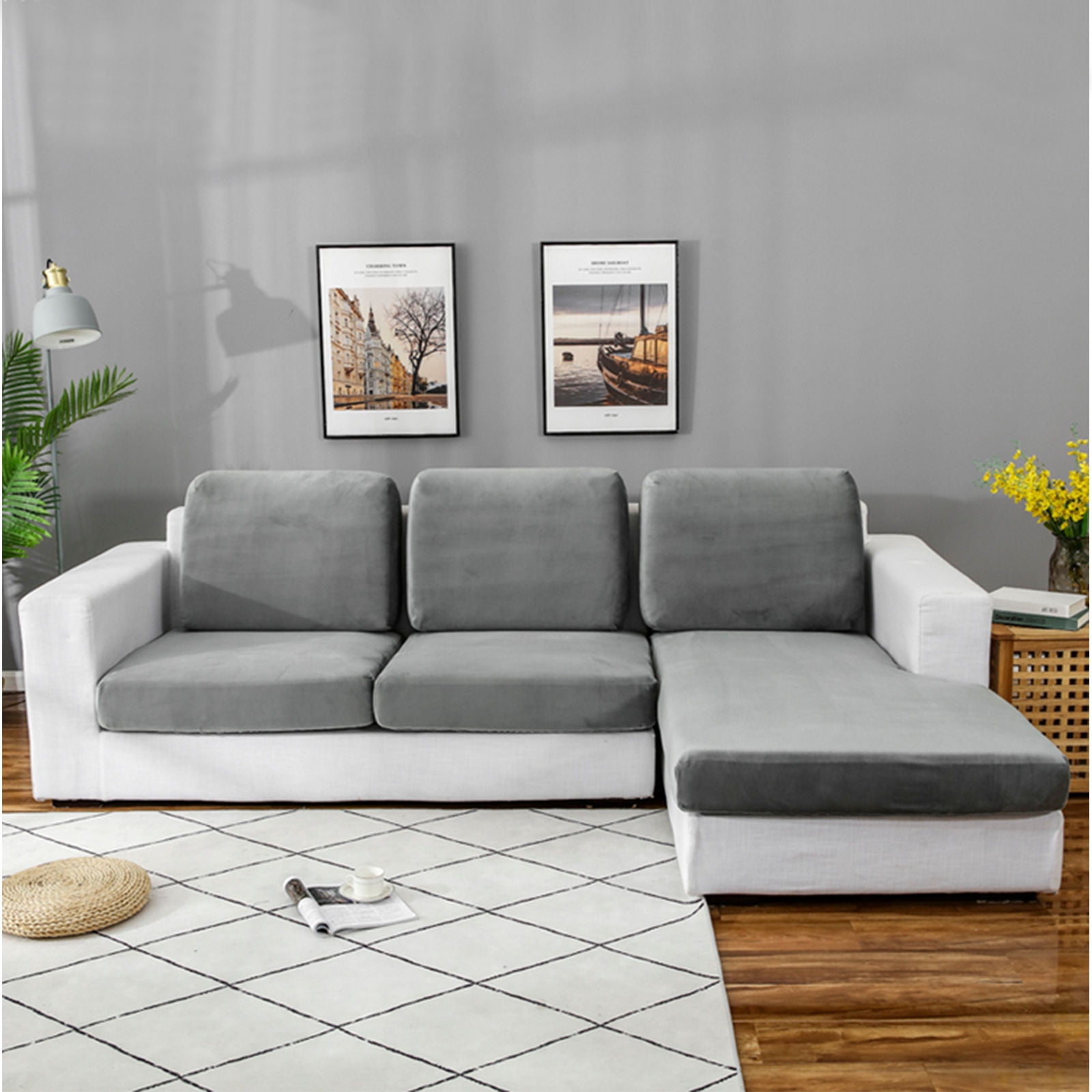 Velvet Stretch Cushion Cover Sofa Slipcover For L-Shaped Sofa Chaise Longue 1 2 3 Cushion Couch Sofa Cover Soft Furniture Protector -Light gray-XL chaise longue(left)