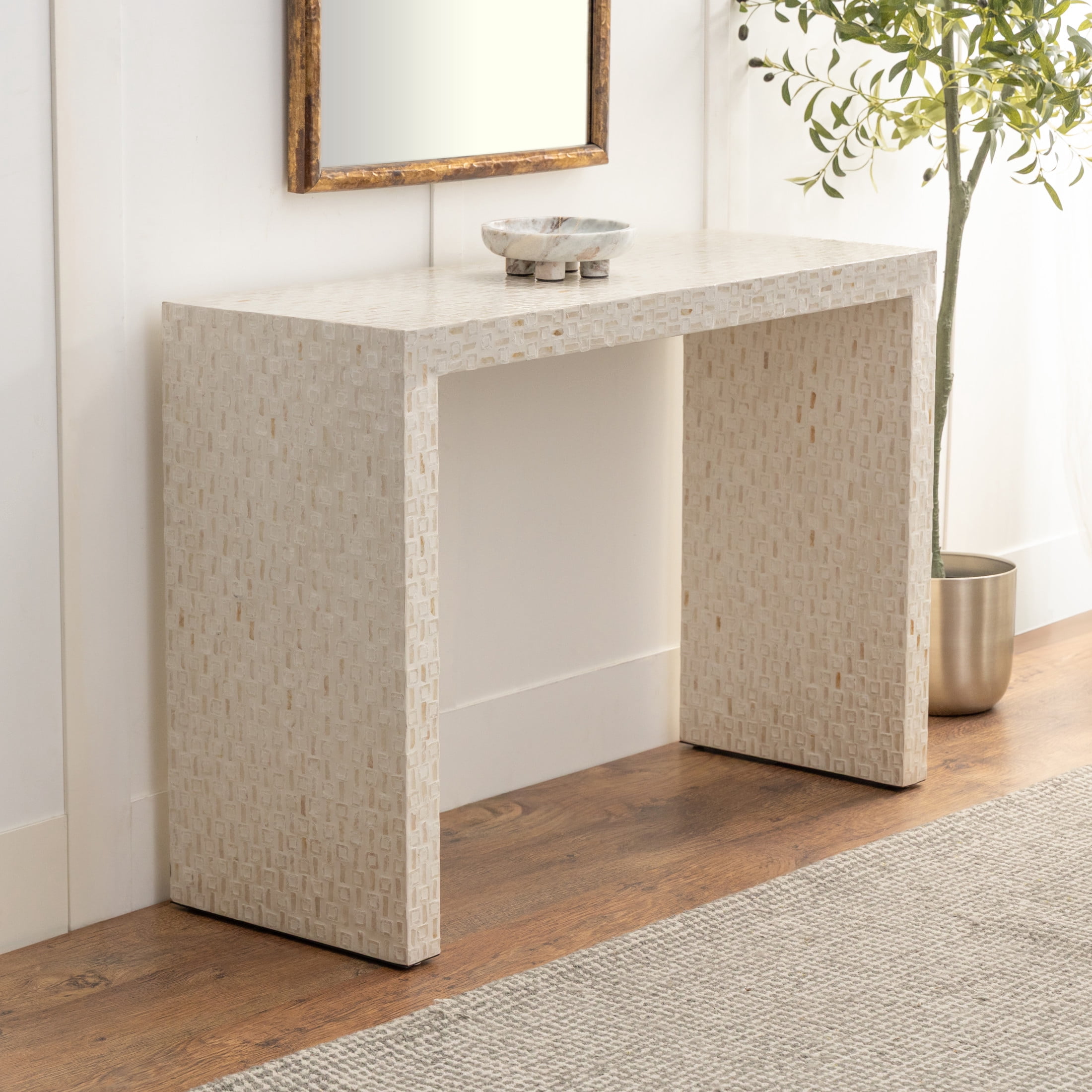 DecMode 44" x 31" Cream Capiz Shell Handmade Mosaic Inlay Console Table, 1-Piece