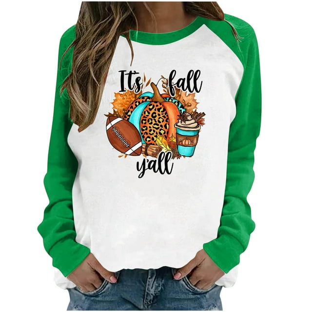 Penkiiy Chandail en Molleton pour Femmes C'est l'Automne Col Rond Imprimé Chandail Manches Longues Blouse Verte Y2K Vêtements