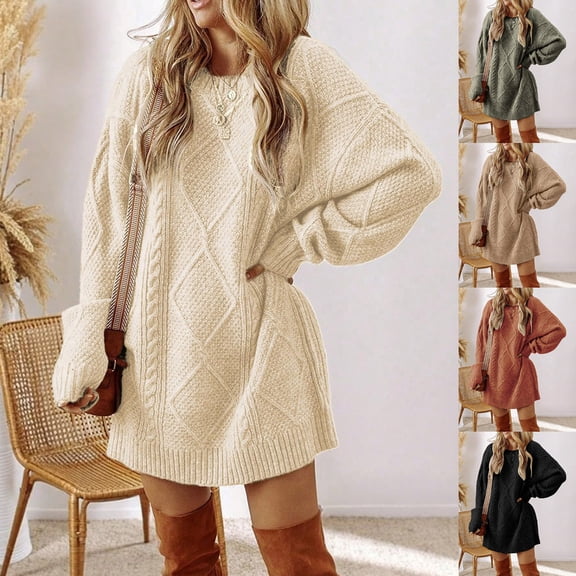 Yxbdin Mini Knit Fall Dresses for Women Long Sleeve Sweater Dress Casual Crew Neck Pullover Dress Comfortable Loose Fit Winter Clothes Daily Wear