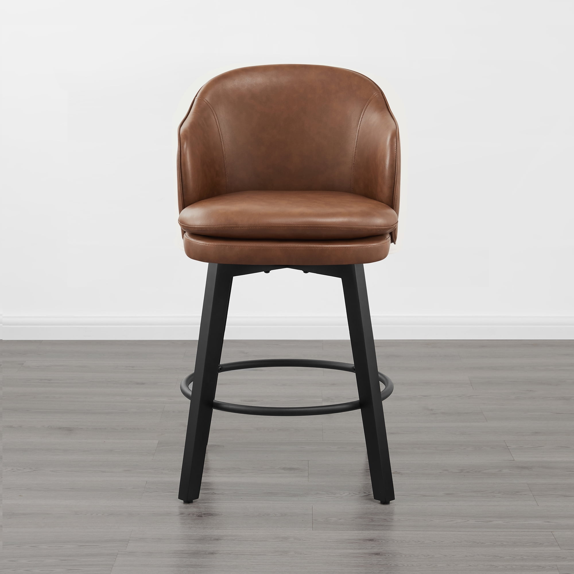 Spruce & Spring Counter Height Swivel Bar Stool with Curved Back and Arms Single, Brown, Faux Leather