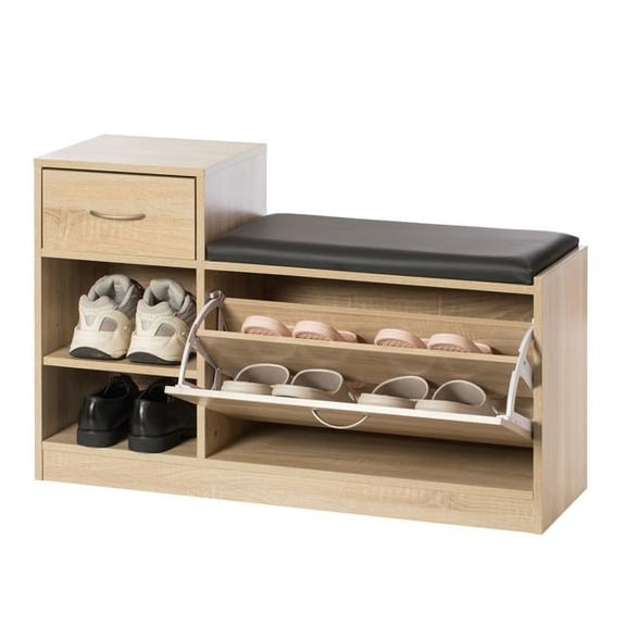 24 x 37.5 x 12 in. Wooden Entryway Shoe Storage Bench with Cushion, Oak