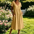 thumbnail image 2 of Ahabrexf Button Down Midi Dress for Women, V Neck Short Sleeve Linen Mixed A Line Casual Dress with Pockets for Summer Wear, 2 of 7